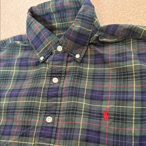 Ralph Lauren Men's Green and Navy Plaid Button-Down Shirt- Medium